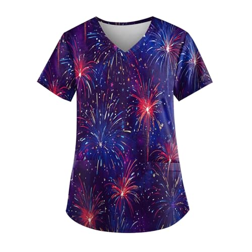 FlekmanArt Women V Neck Short Sleeve Scrubs Summer Blouses Nurse Uniforms Going Out Dressy Printed Working T-Shirts
