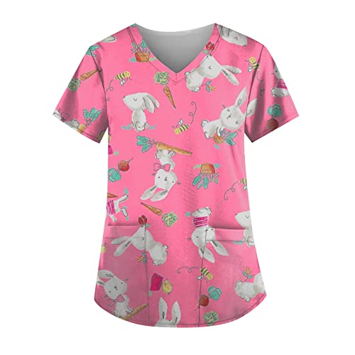 Women's Trendy V Neck Printed Scrubs Short Sleeve Plus Size Nurse Uniforms for Vacation