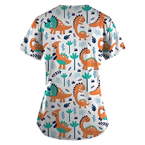 FlekmanArt Casual V Neck Scrubs for Women Plus Size Short Sleeve Working T-Shirts Dressy Care Workwear