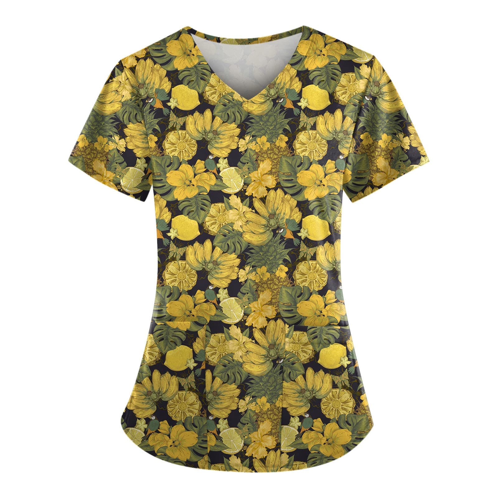 FlekmanArt Plus Size Women's Short Sleeve V Neck Printed Scrubs Comfy Working T-Shirts for Care Work Going Out
